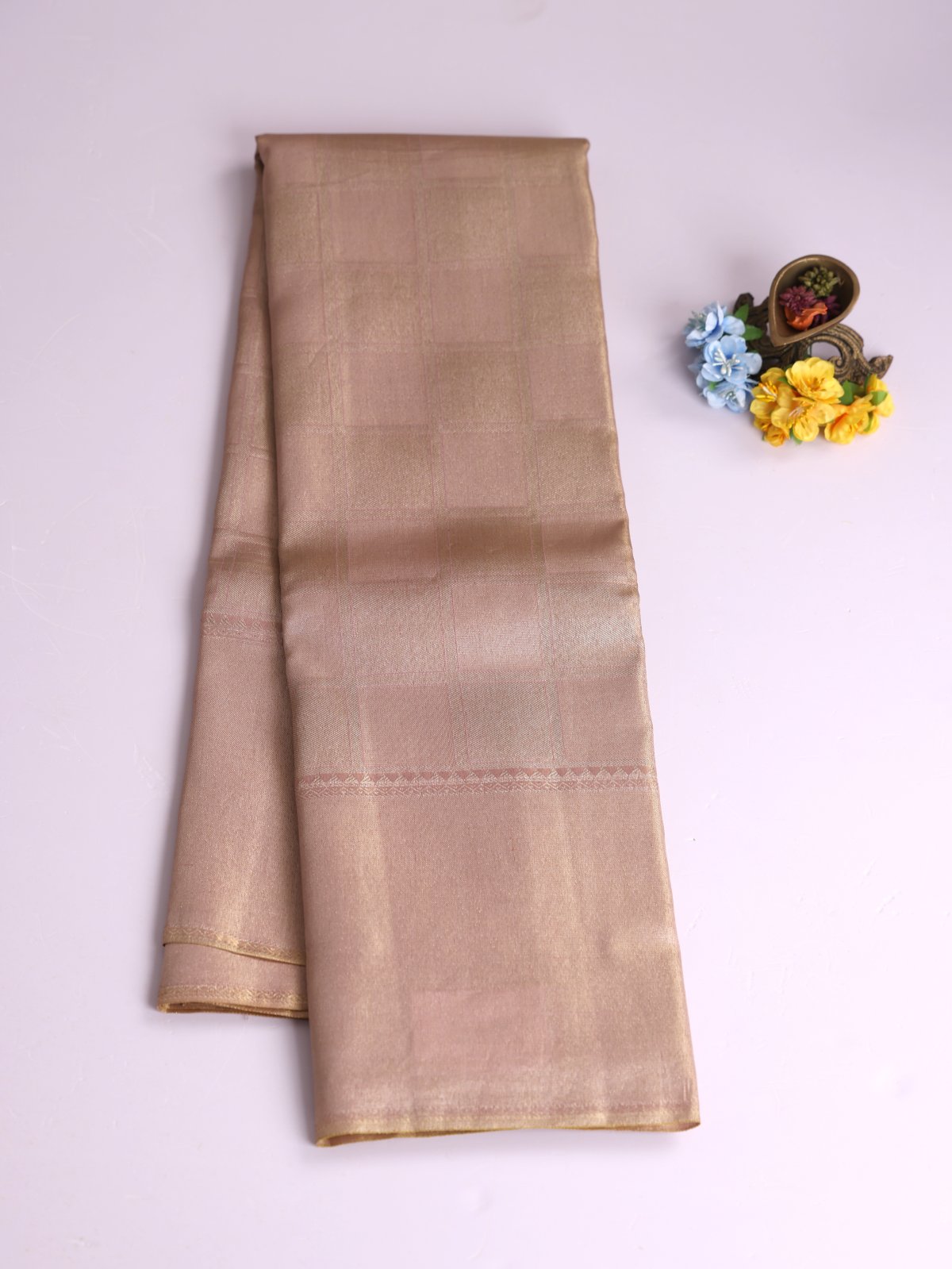 Dusty Pink Checked Tissue Brocade Kanjeevaram Silk Saree
