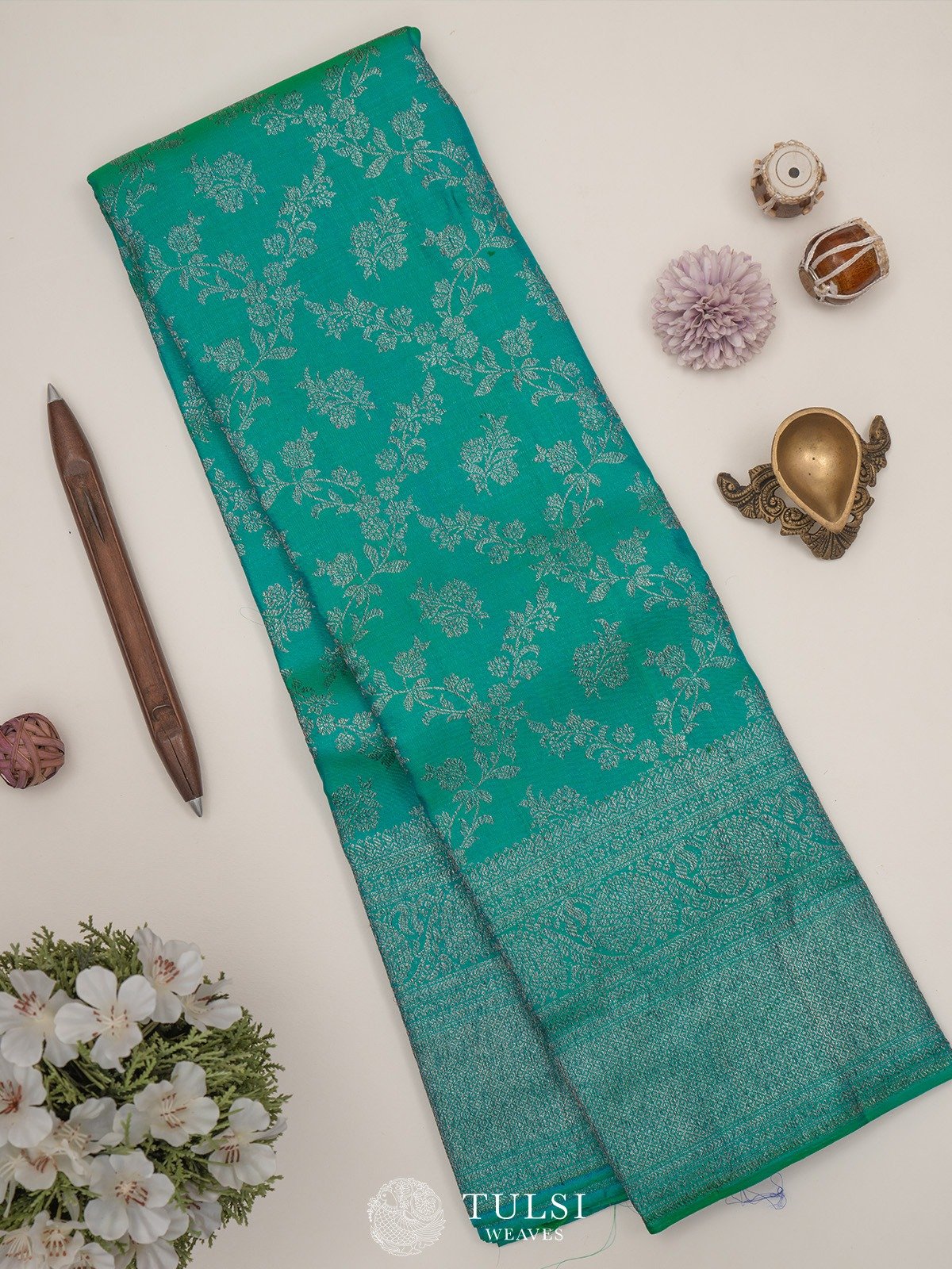 Greenish Blue Kanjeevaram Silk Saree with Antique Zari