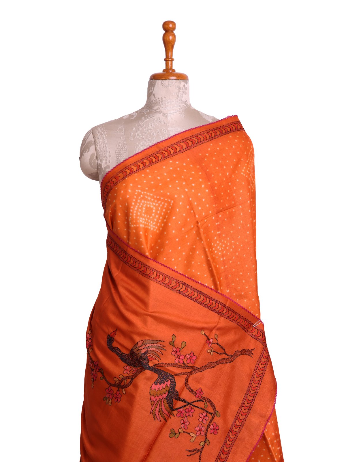 Orange Printed Tussar Silk Saree