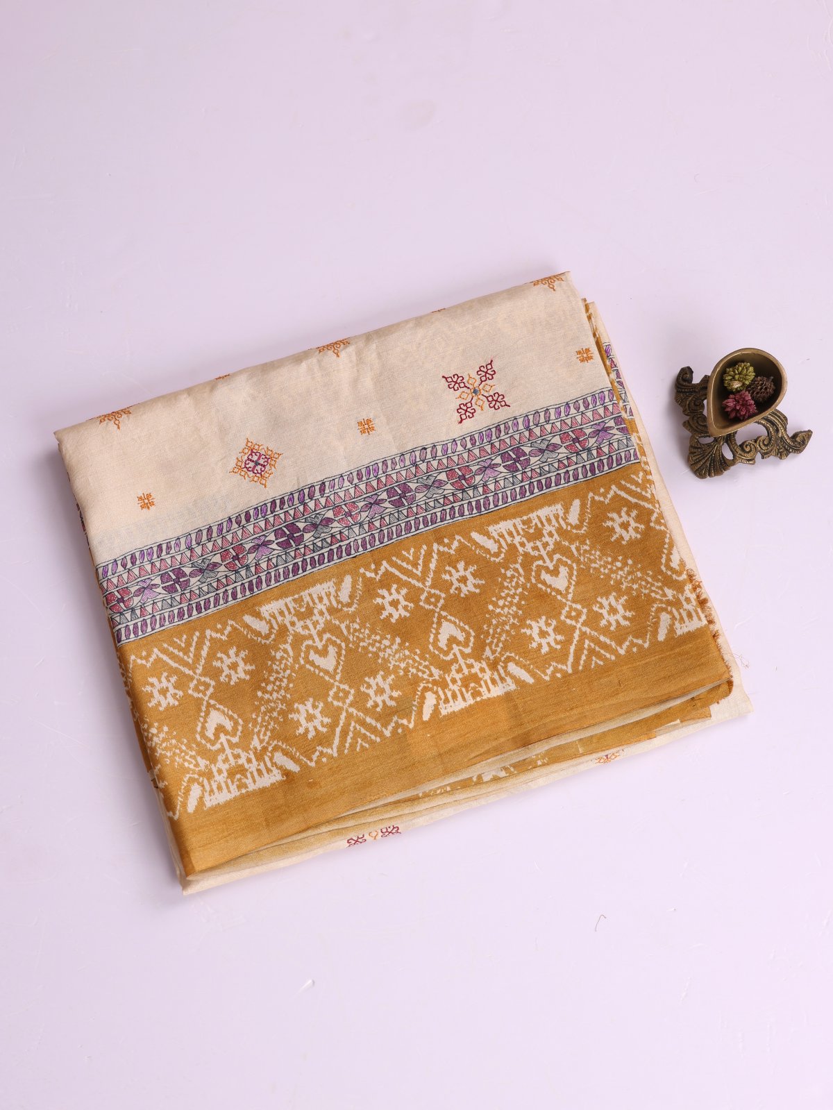 Off- White Embroidered Tussar Silk Saree With Beige Printed Border