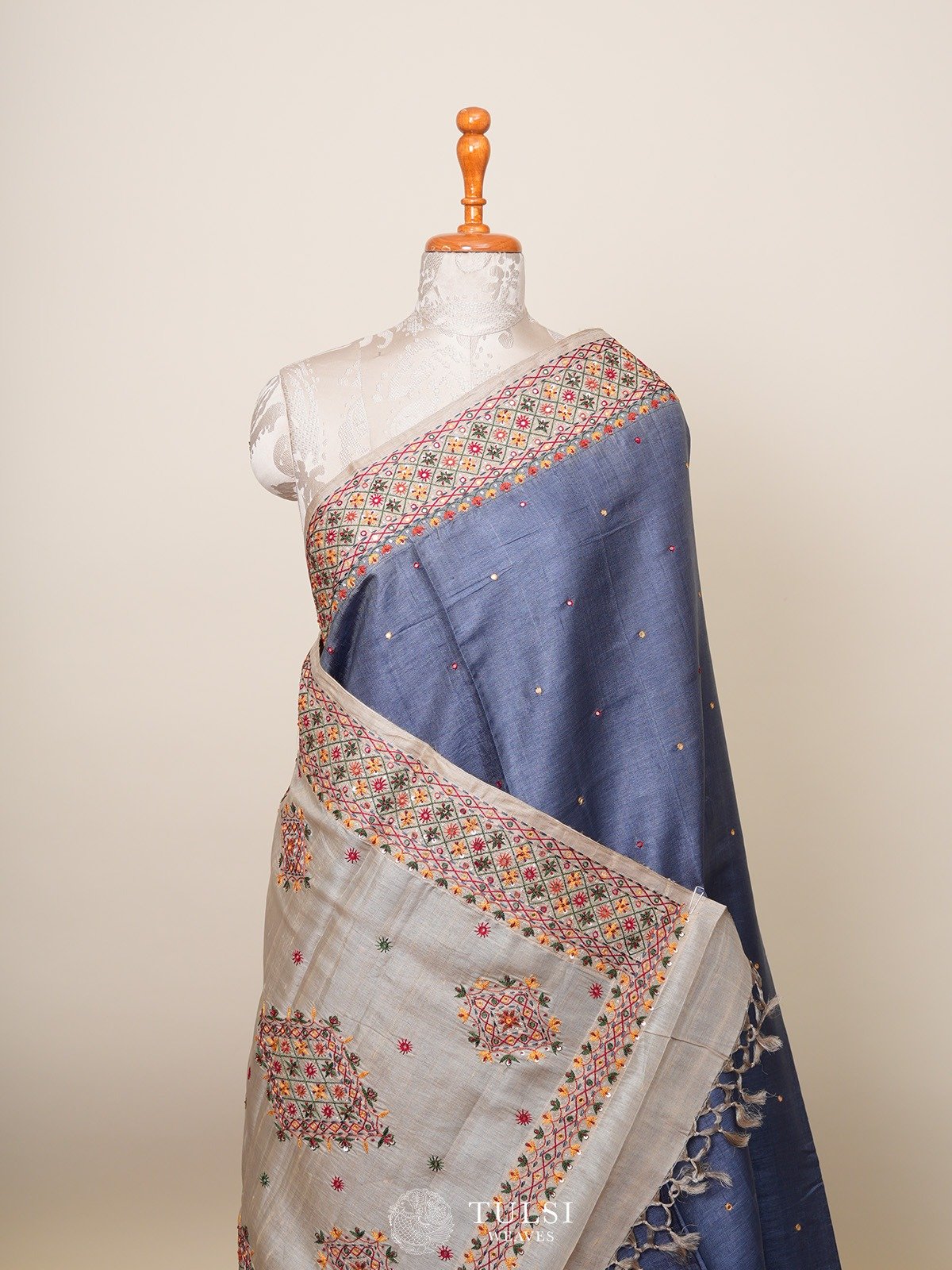 Grey Tussar Silk Saree with Hand Embroidery