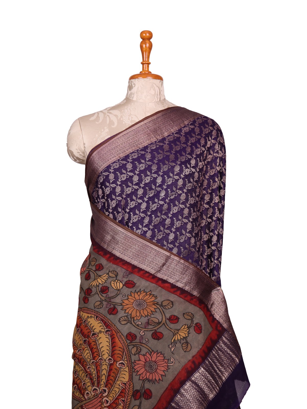 Violet Mysore Crepe Silk  Saree With Kalamkari Pallu