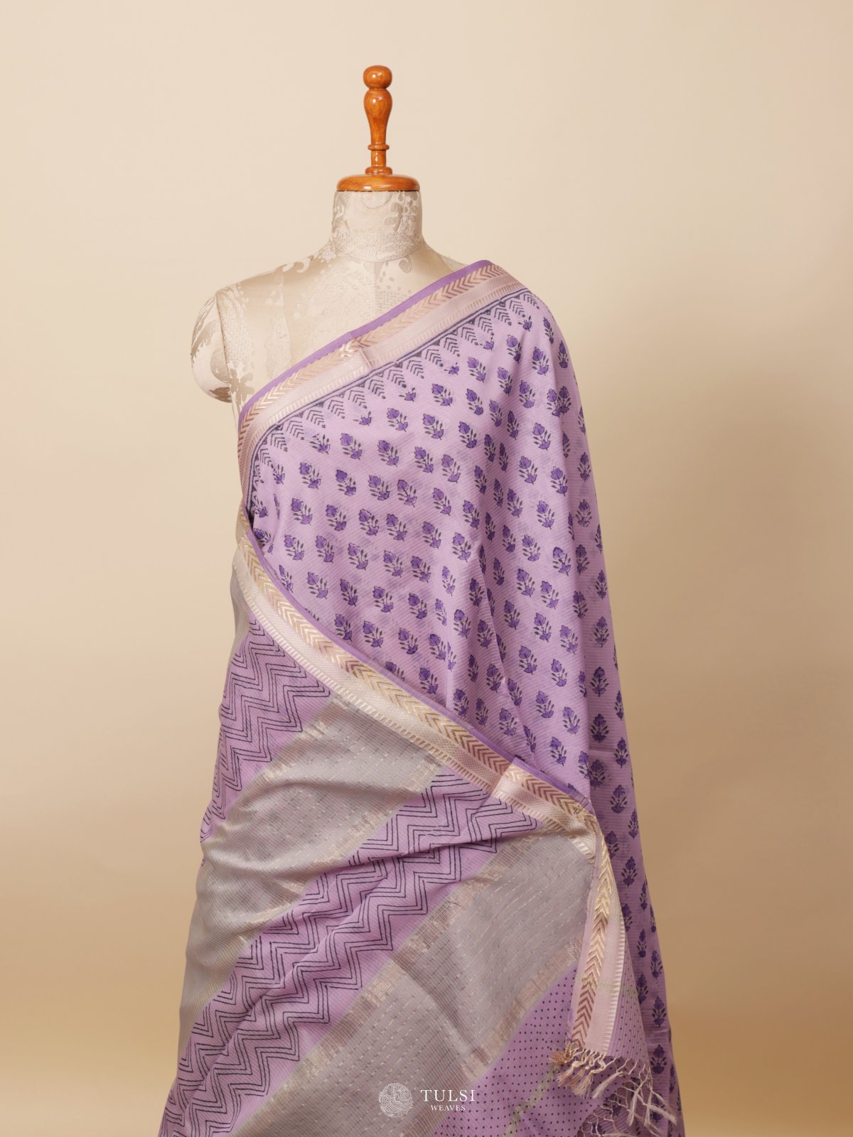 Lavendar Handblock Printed Maheshwari Cotton Saree