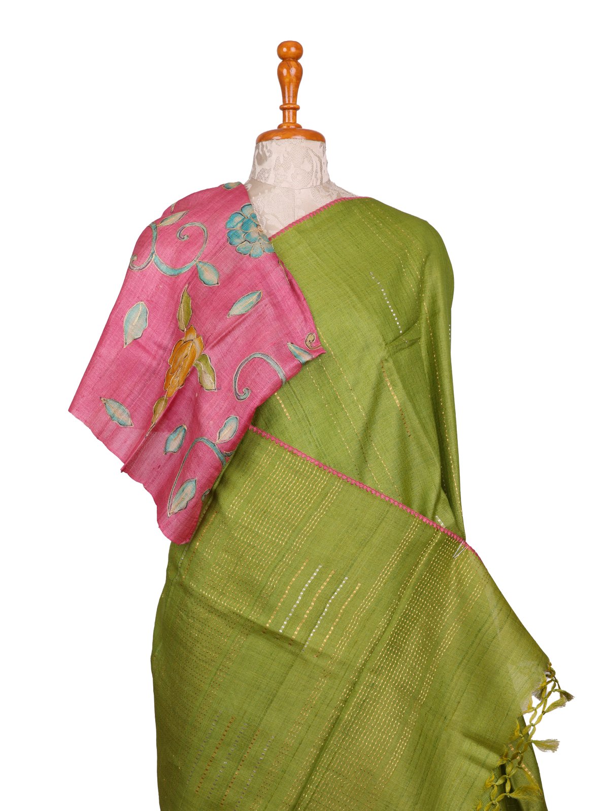 Mehndi Green Zari Striped Tussar Silk Saree With Kalamkari Blouse
