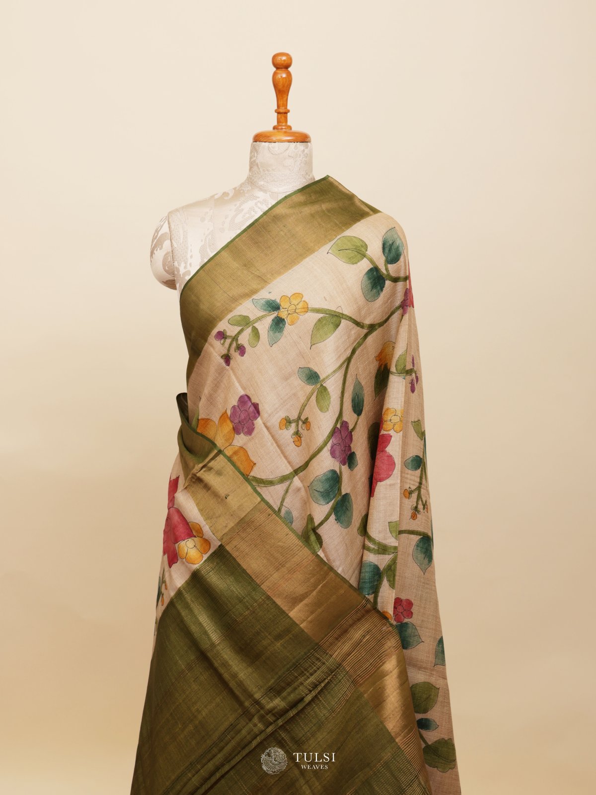 Beige Hand Painted Tussar Silk Saree With Green Broder