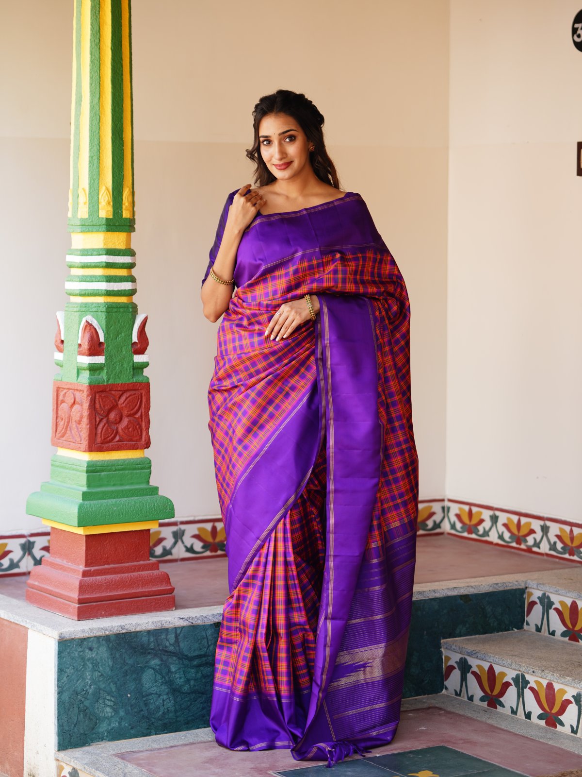 Multicolor Kanjeevaram Silk Saree with Violet Bodi Border