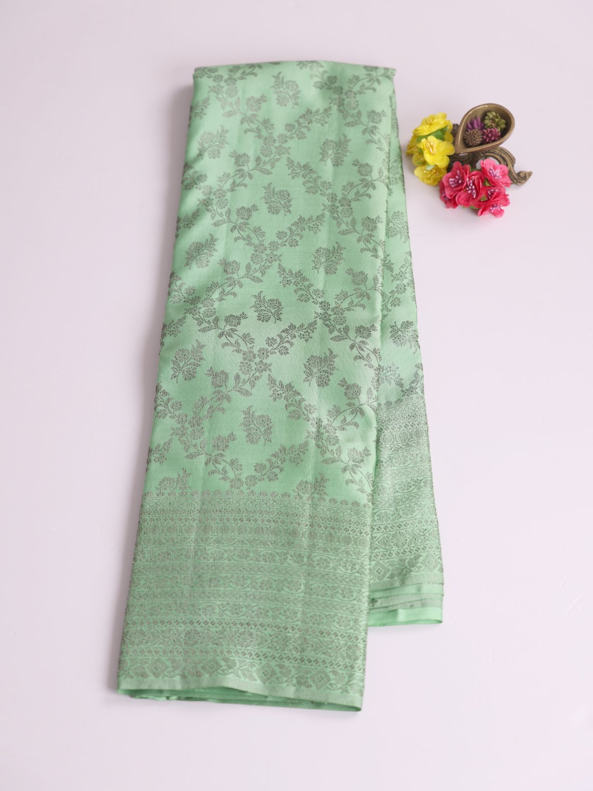 Light Green Kanjeevaram Silk Saree With Antique Zari