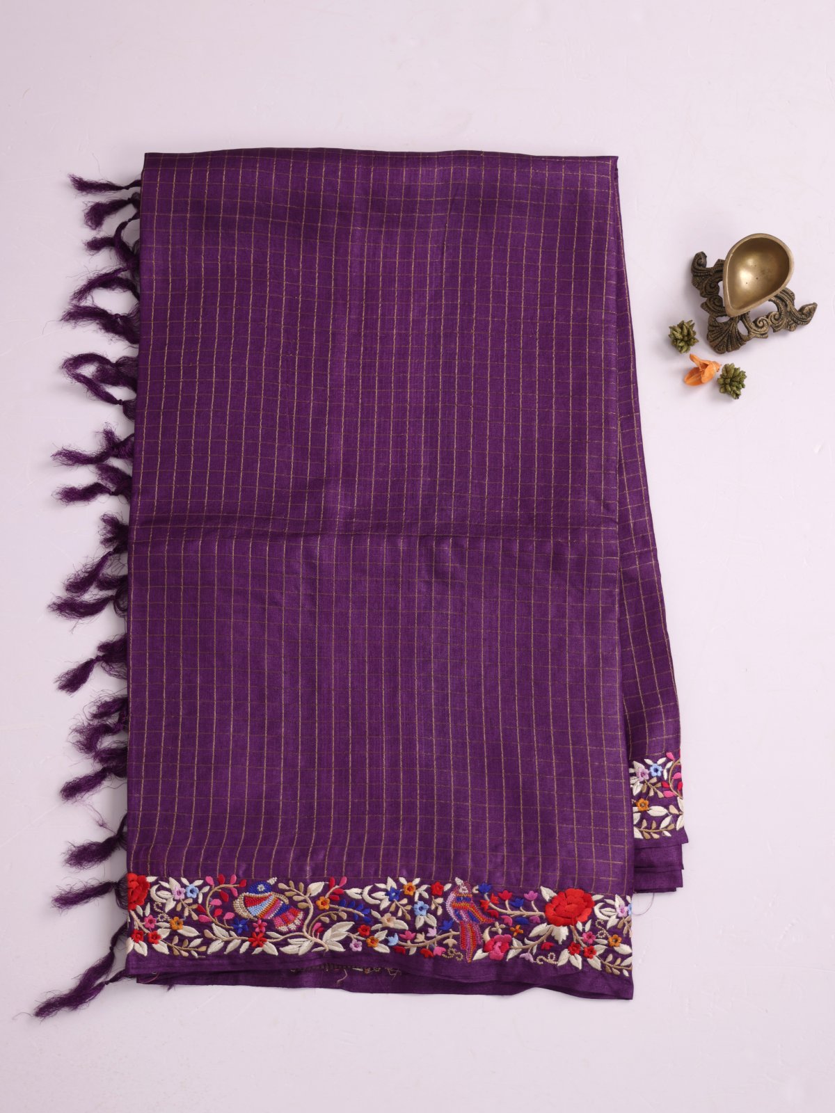 Dark Violet Zari Checked Tussar Silk Saree With Parsi Embroidered Border