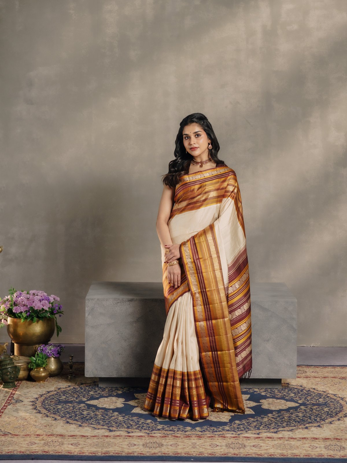 Crafted 11 - Beige and Off White Checked Kanjeevaram Silk Saree With Brown Pattupettu Border