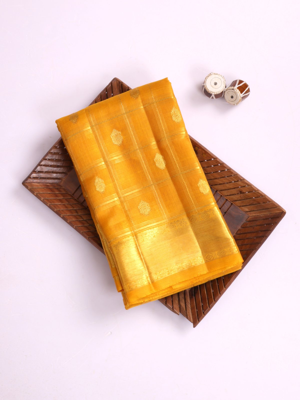 Mustard Yellow Zari Checked Kanjeevaram Organza Silk Saree With Zari Border