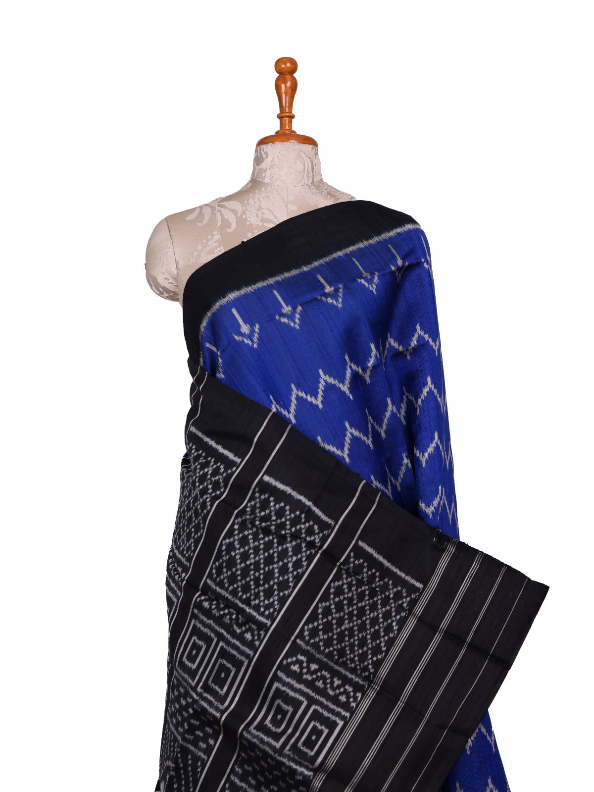 Royal Blue Raw Silk Patola Saree With Black Border