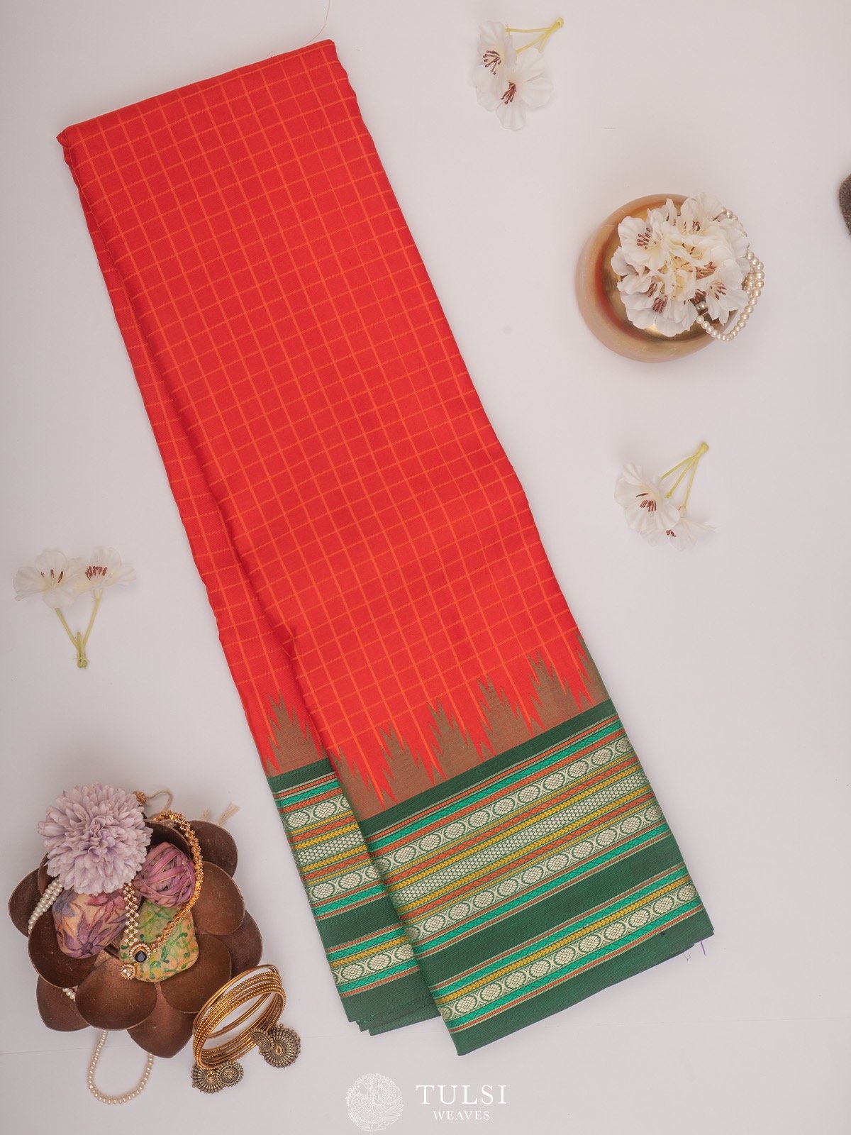 Reddish Orange Kanjeevaram Pattu Pett Silk Saree 