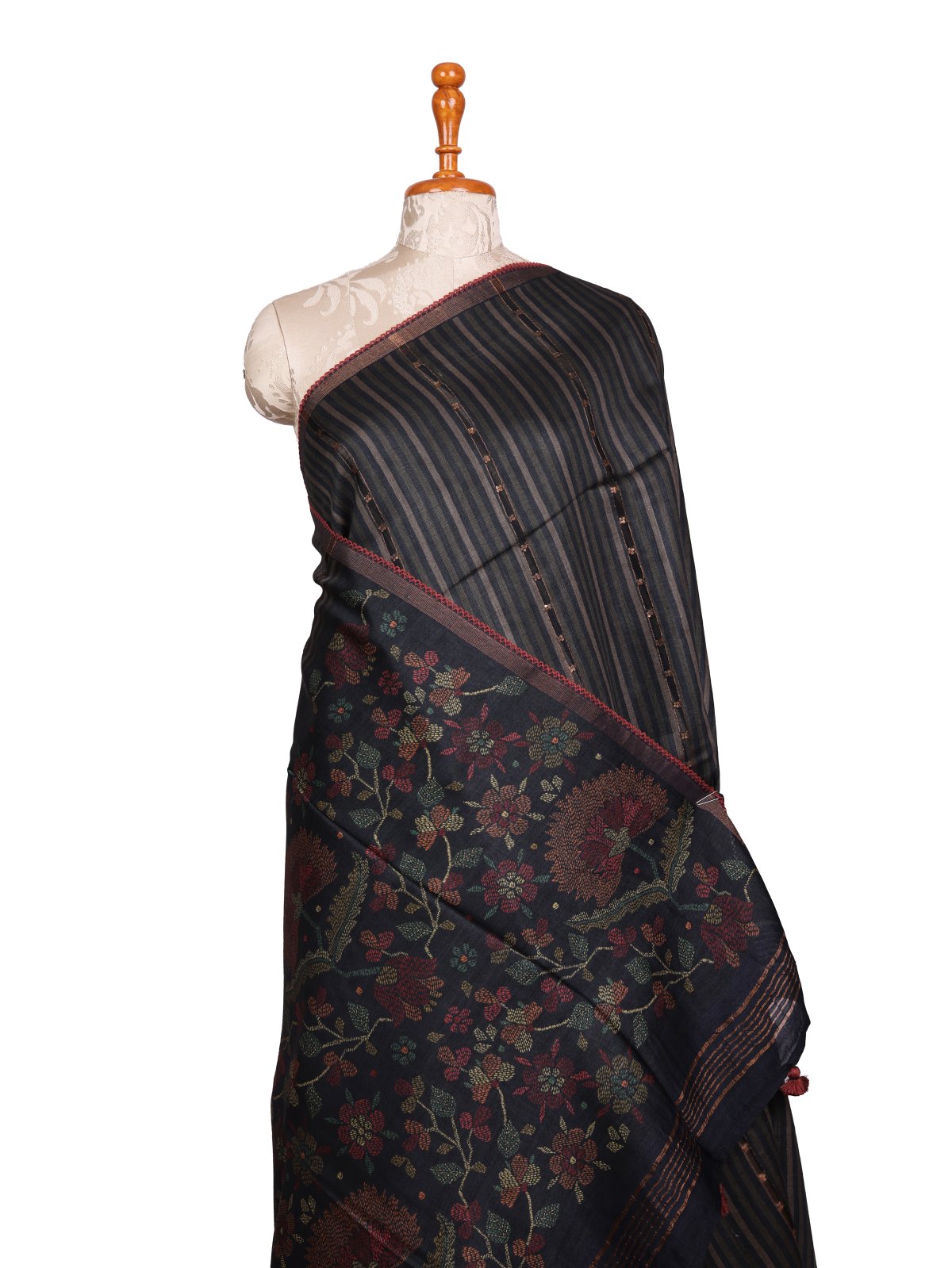 Black Printed Munga Tussar Silk Saree 