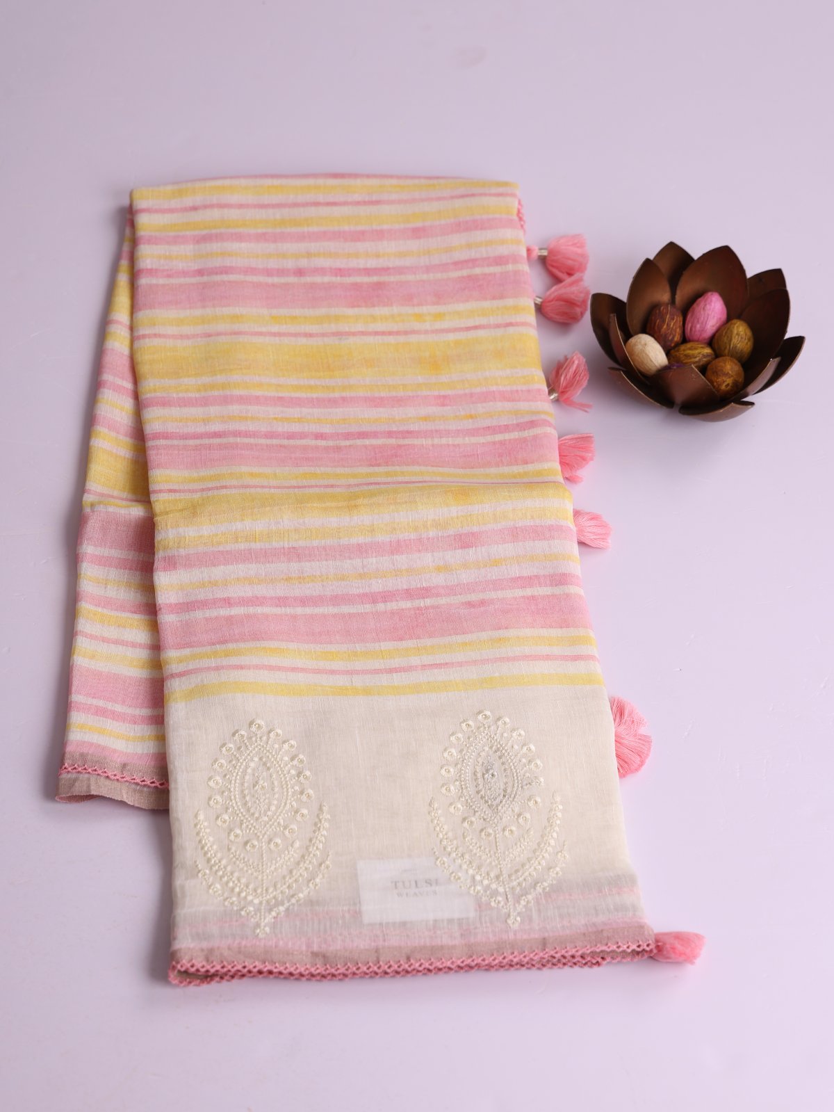 Multi Color Striped Linen Saree With Off White Embroidered Border