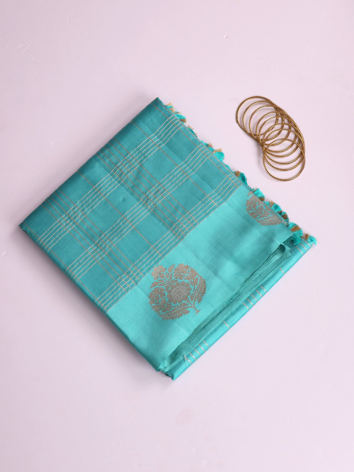 Light Teal Blue Zari Checked Mashru Silk Saree With Satin Border