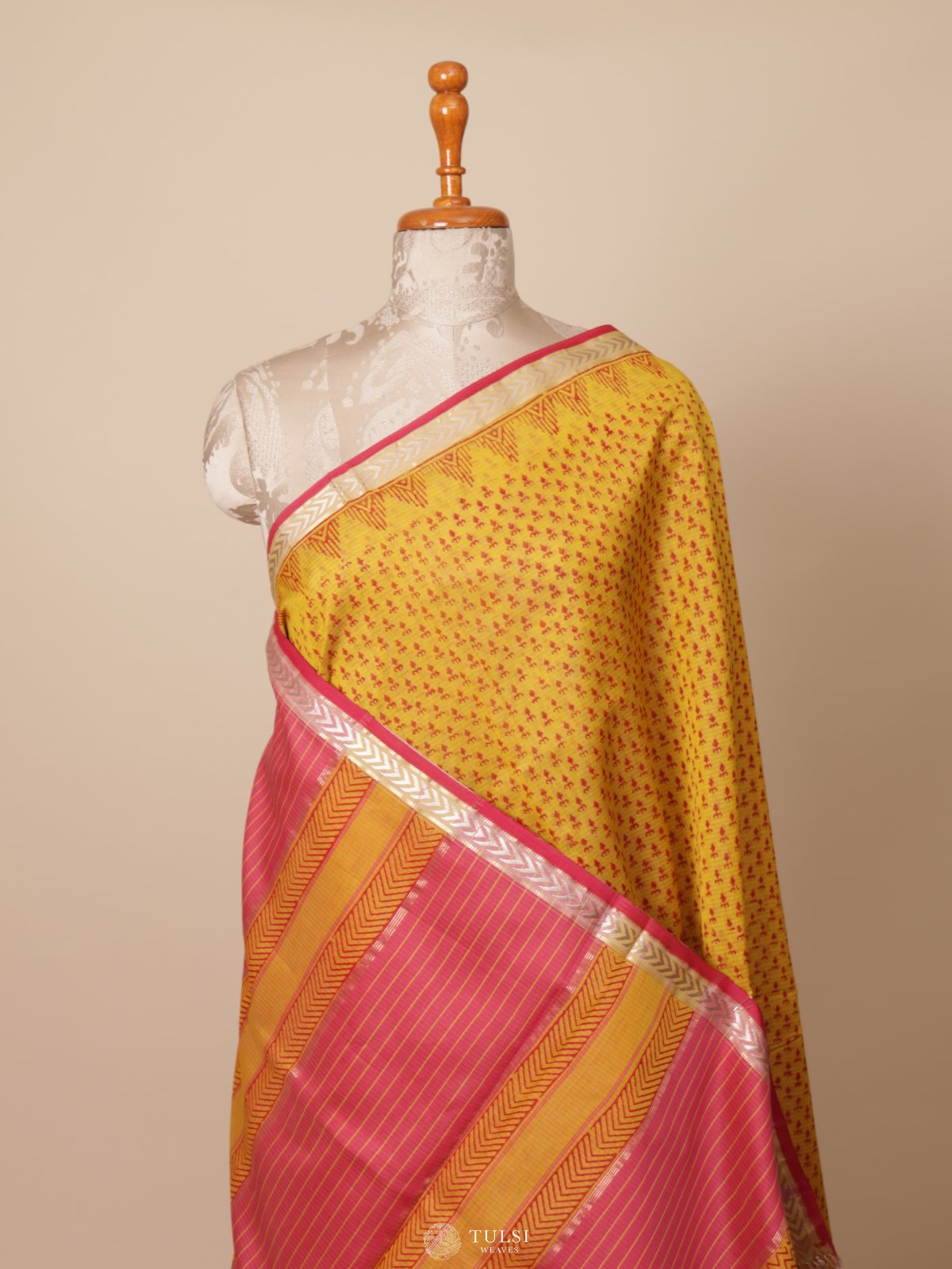 Yellow Handblock Printed Maheshwari Cotton Saree