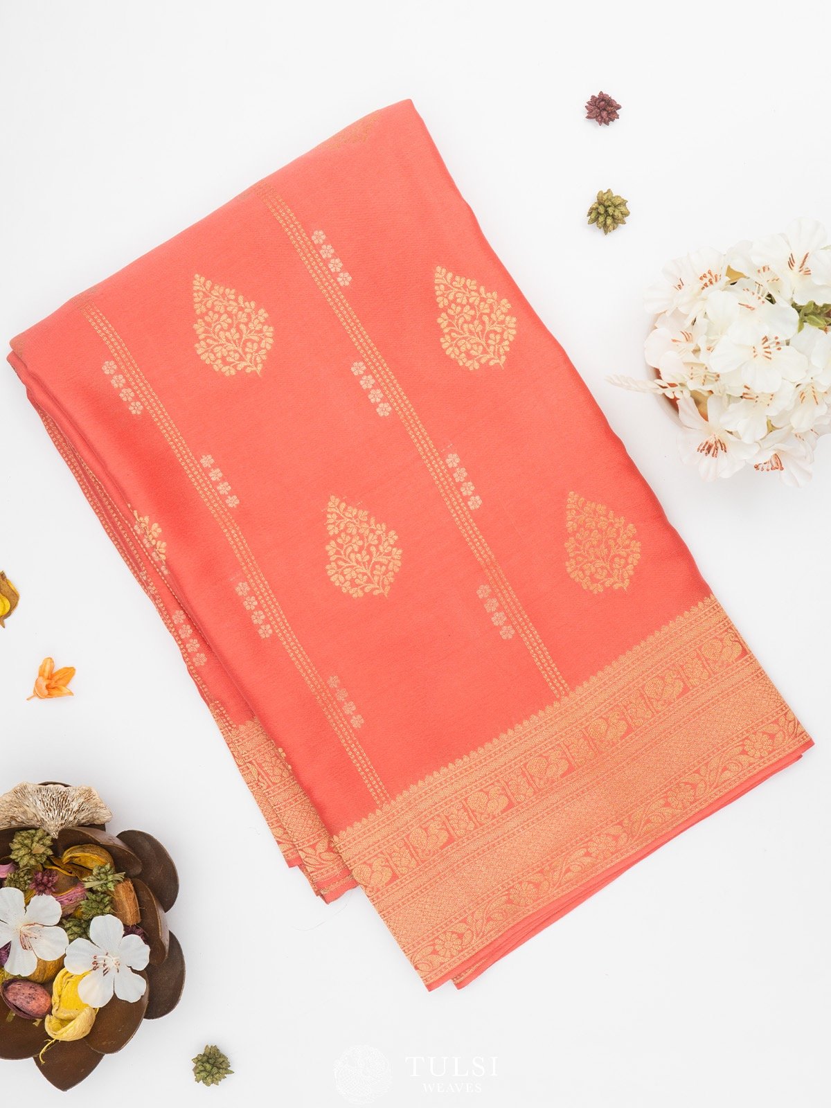 Peach Mysore Silk Saree with self zari border