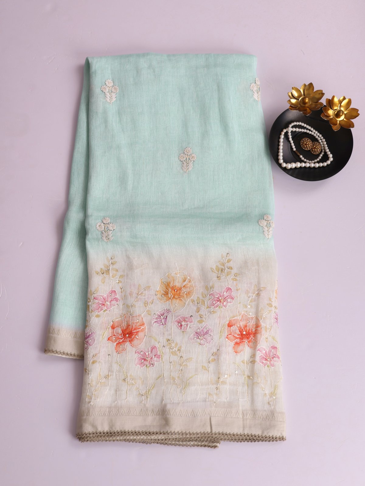Light Bluish Green Embroidered Linen Saree With Printed Off- White Border