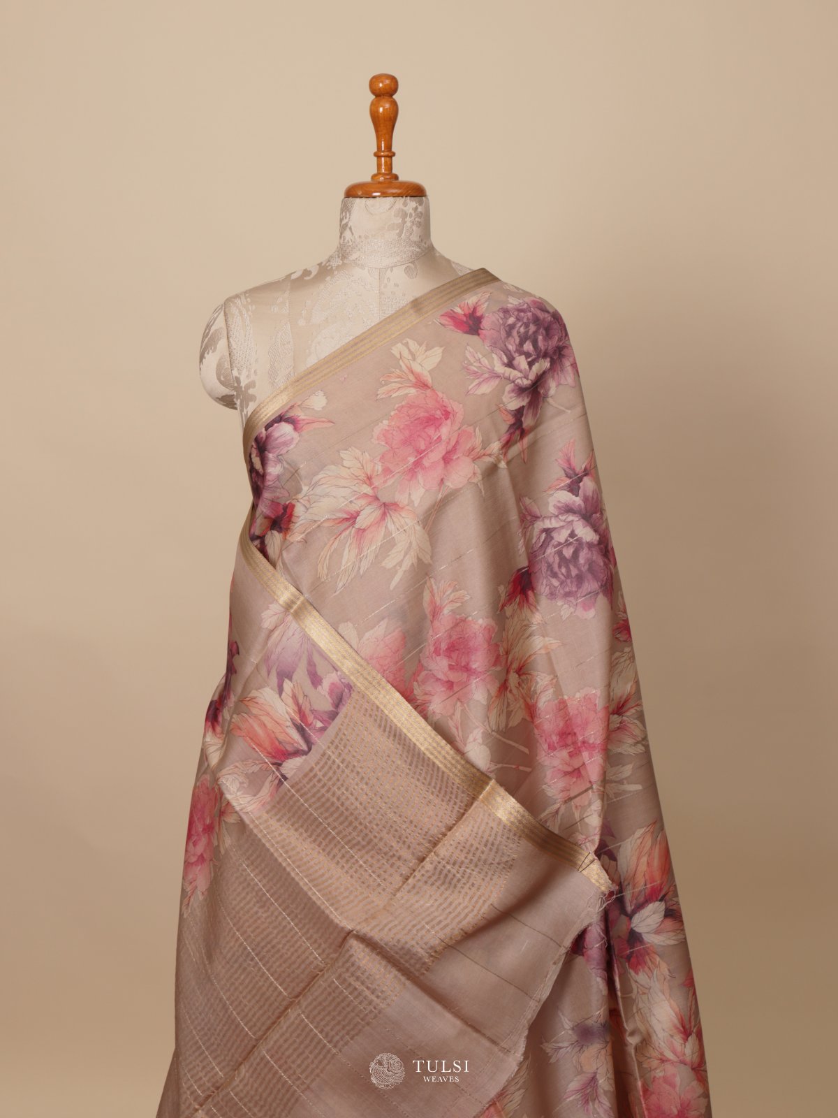 Beige Printed Tussar Silk Saree