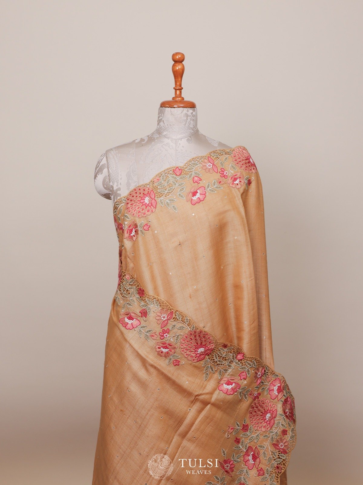 Light Yellow Tussar Silk Saree with Floral Embroidery Border