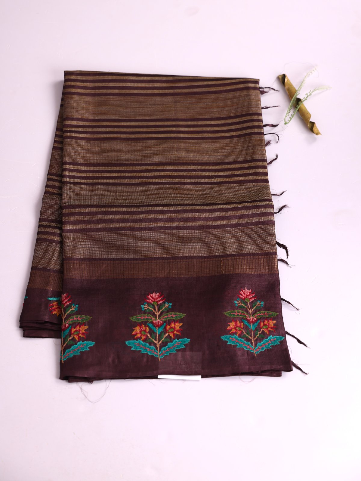 Wine Striped Tussar Silk Saree With Cross-Stitch Embroidered Border