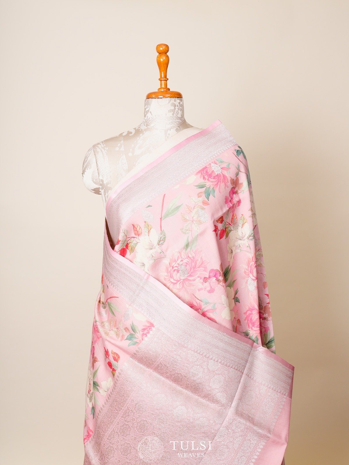 Light Pink Printed Tussar Georgette Silk Saree