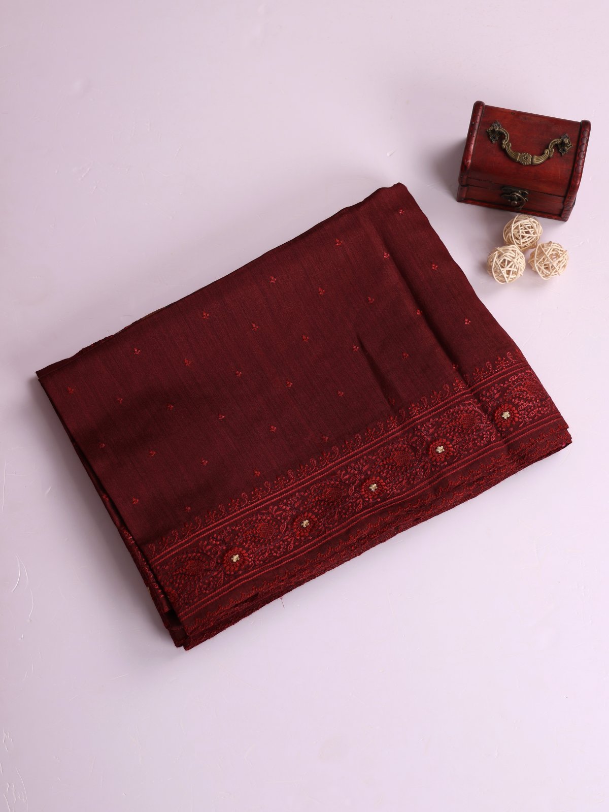 Maroonish Brown Embroidered Munga Tussar Silk Saree