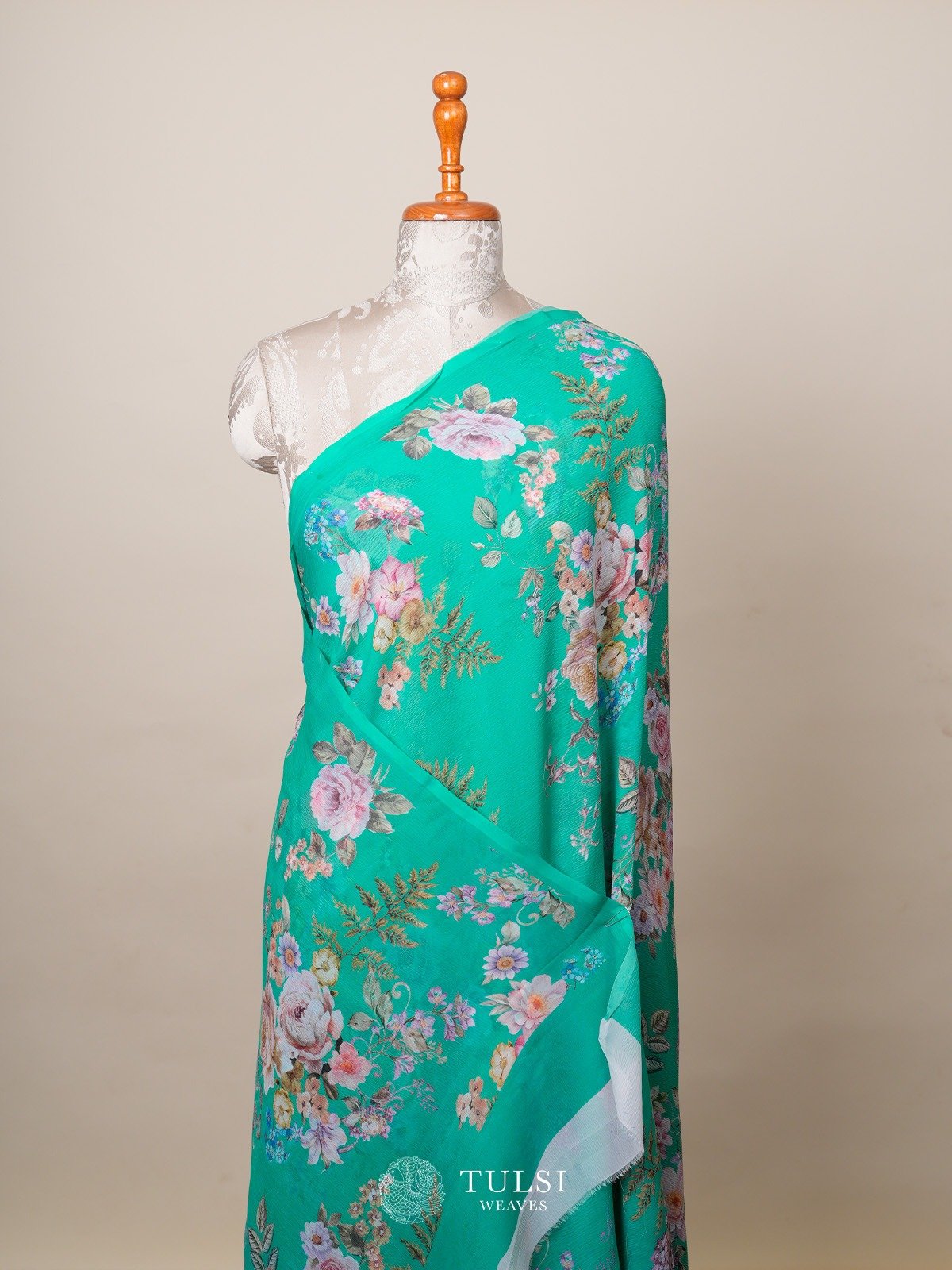 Teal Green Printed Chiffon Saree