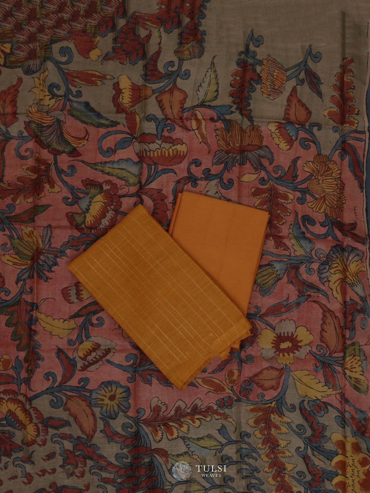 Mustard Yellow Tussar Salwar Material With Kalamkari Dupatta