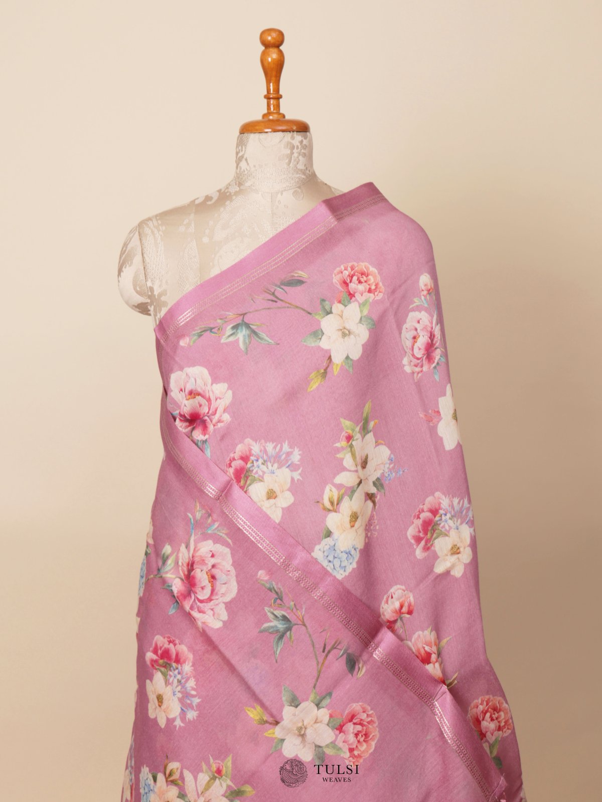 Purplish Pink Printed Munga Tussar Silk Saree