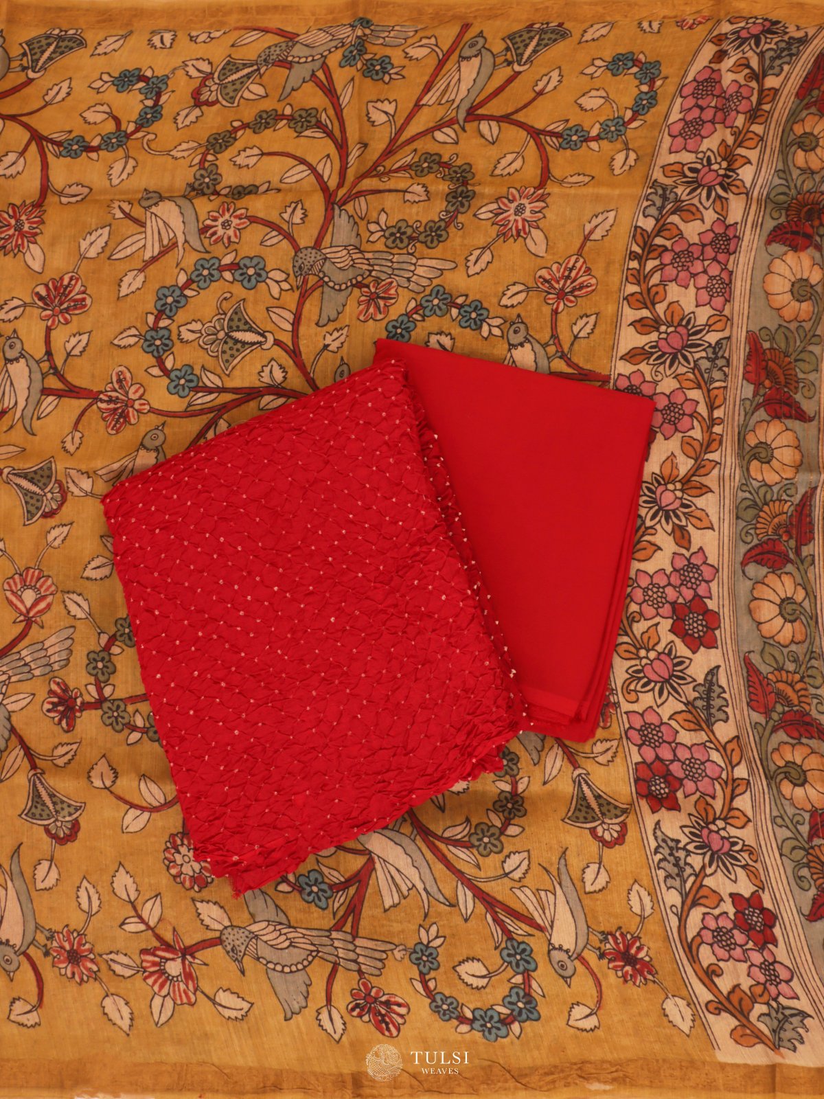 Reddish Pink Bandhini Salwar Material with Kalamkari Dupatta