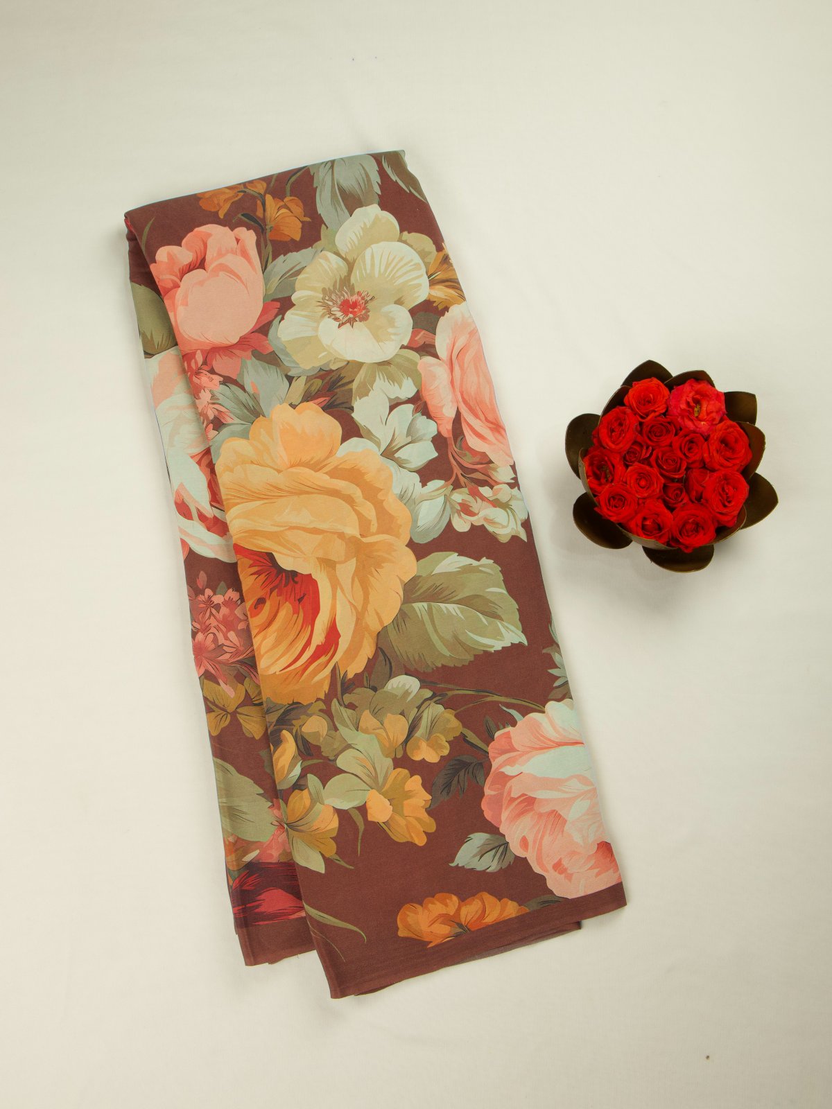 Brown Floral Printed Crepe Silk Saree 