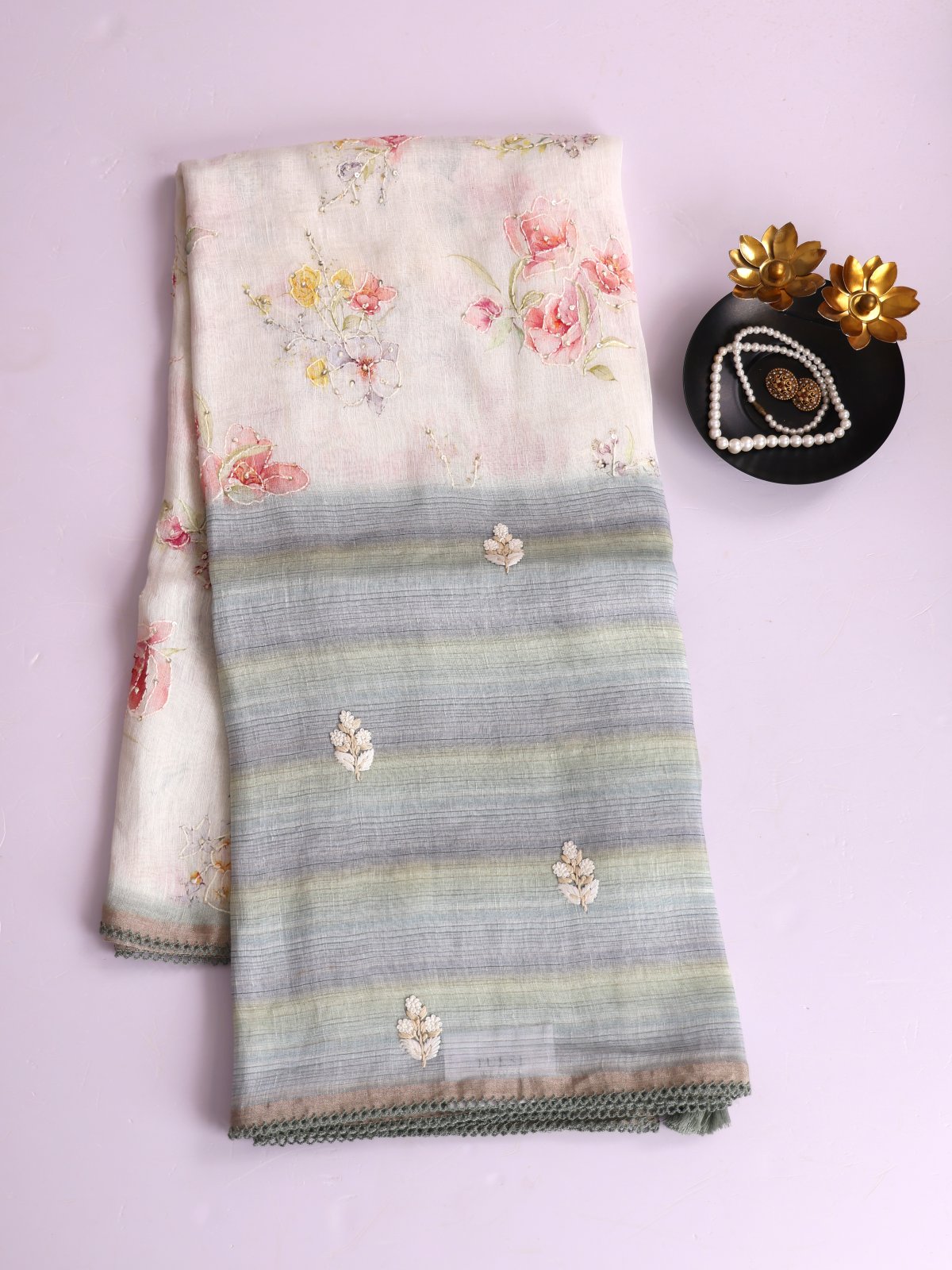 Off-White Printed Linen Saree With Multicolor Embroidered Border