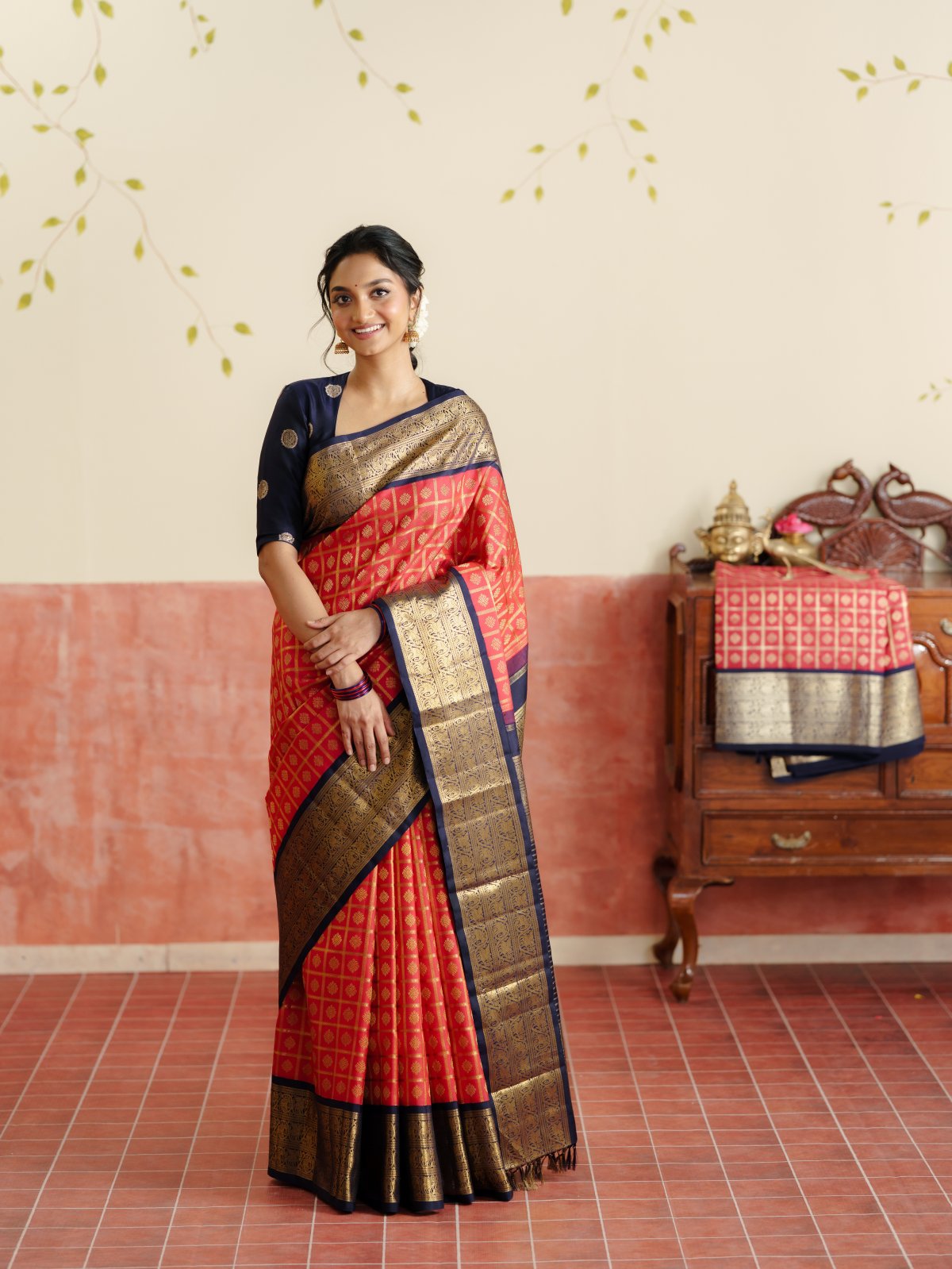Vintage 100 - Red Checked Butta Kanjeevaram Silk Saree With Dark Blue Border