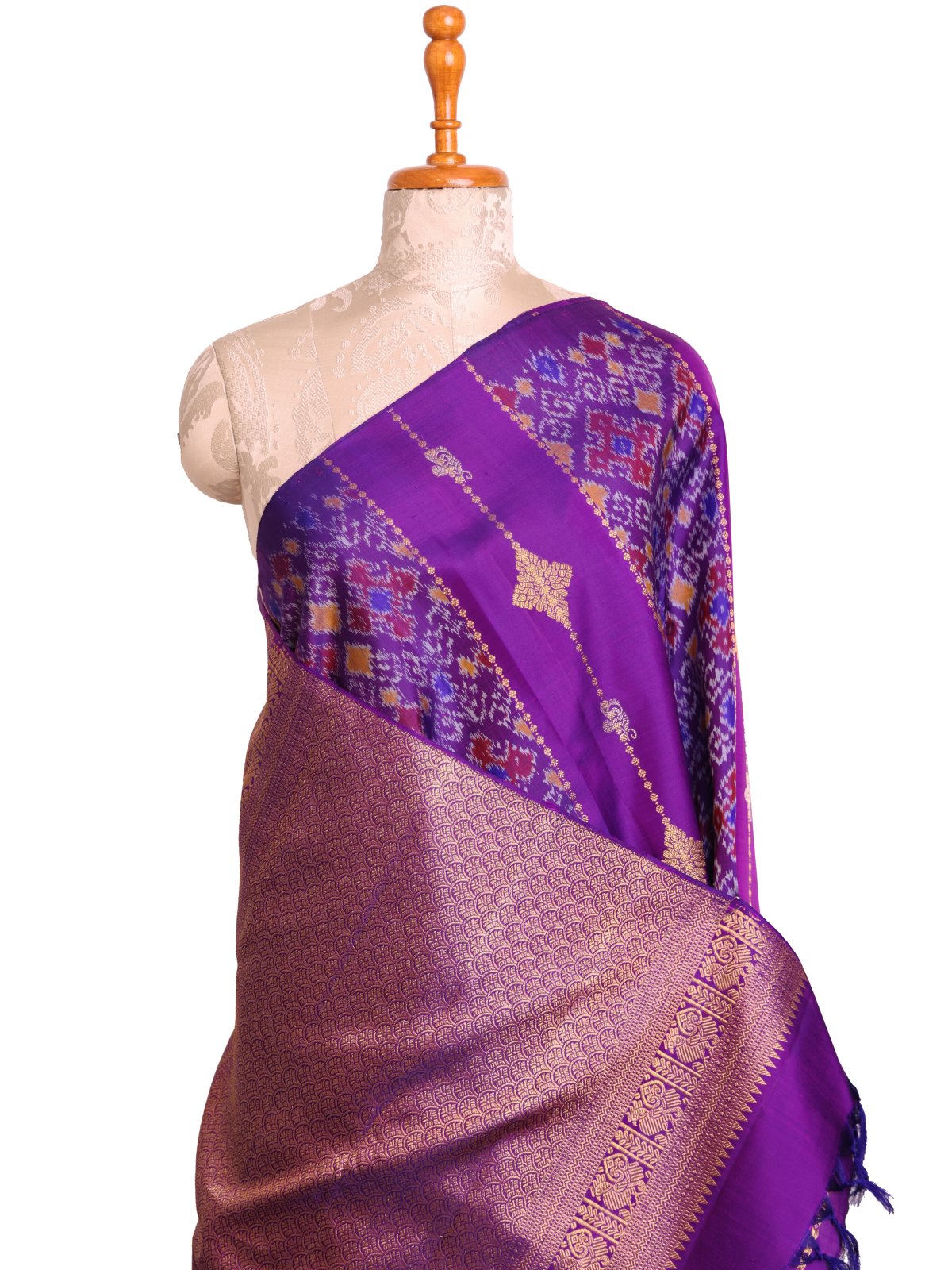 Deep Violet Kanjeevaram Ikat Silk Saree With Zari Butta