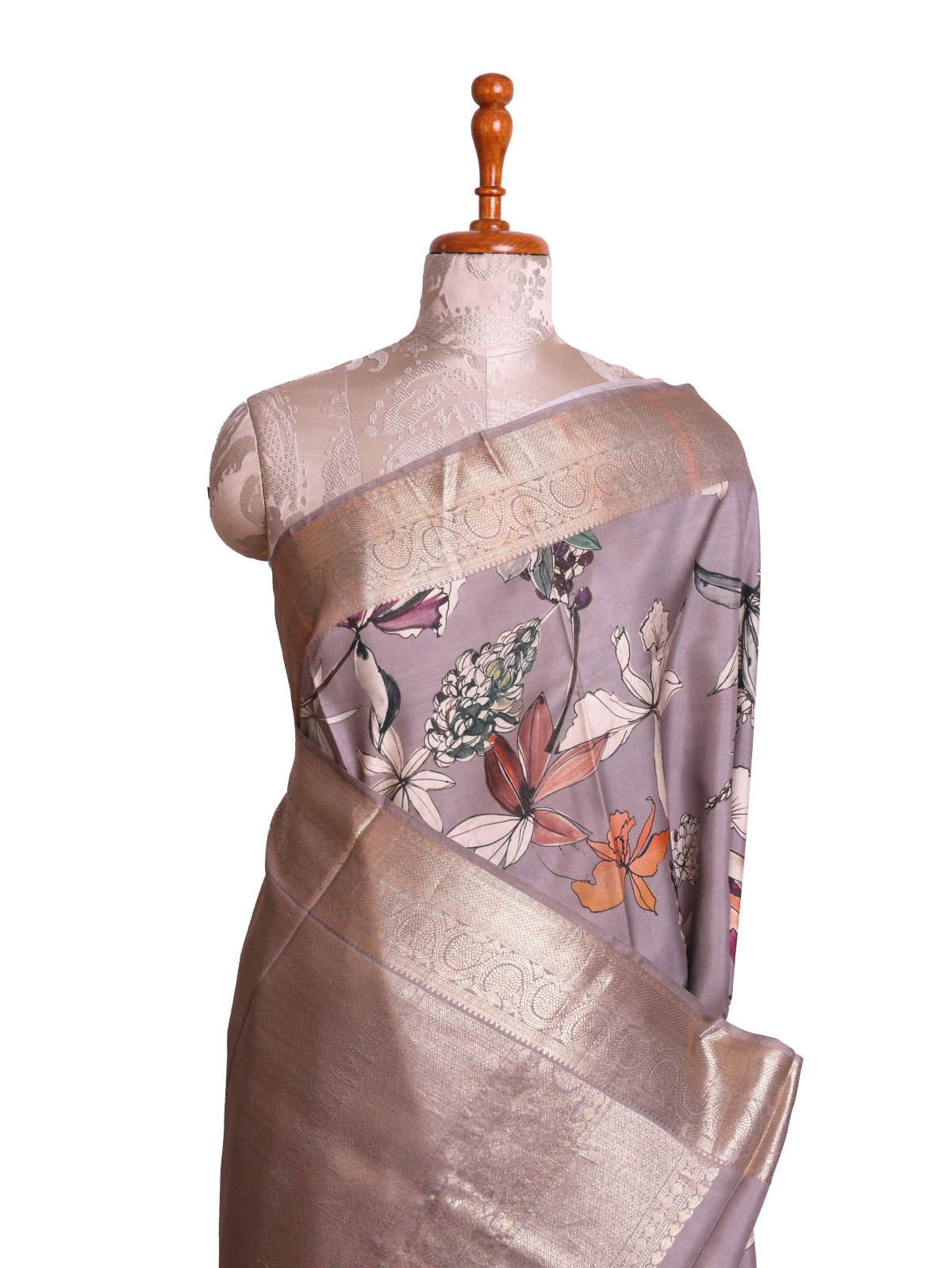 Greige Printed Kanjeevaram Silk Saree With Self Zari Border