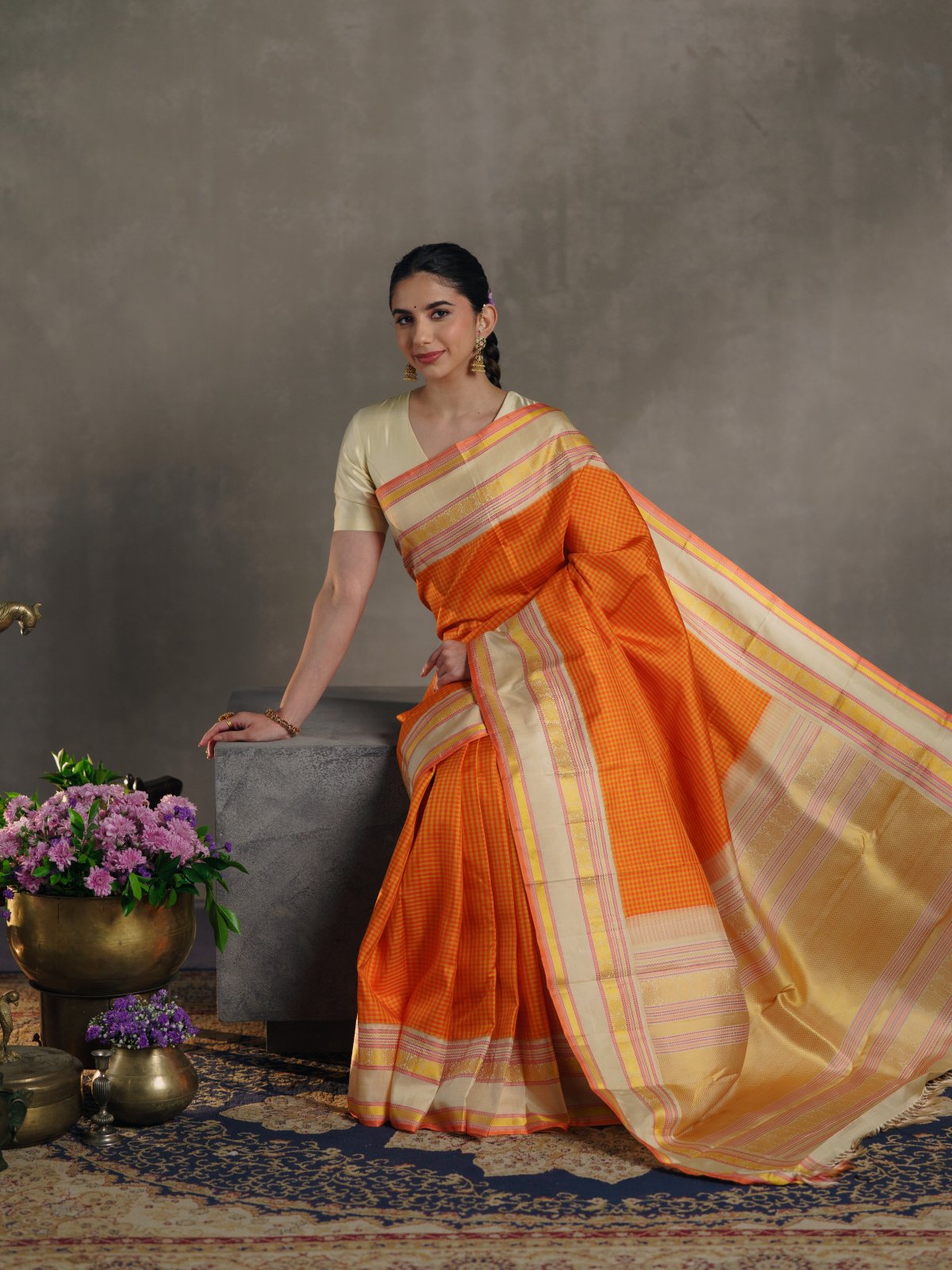 Crafted 6 - Orange and Mustard Yellow Checked Kanjeevaram Silk Saree with Cream Border