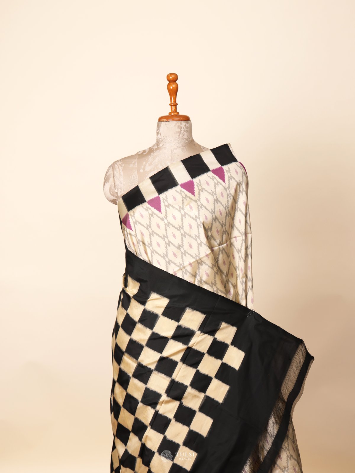 Off White Ikat Silk Saree With Black Border