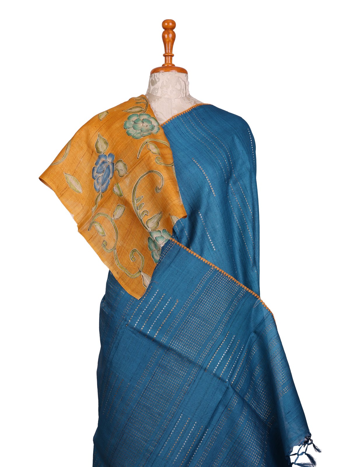 Peacock Blue Zari Striped Tussar Silk Saree With Kalamkari Blouse