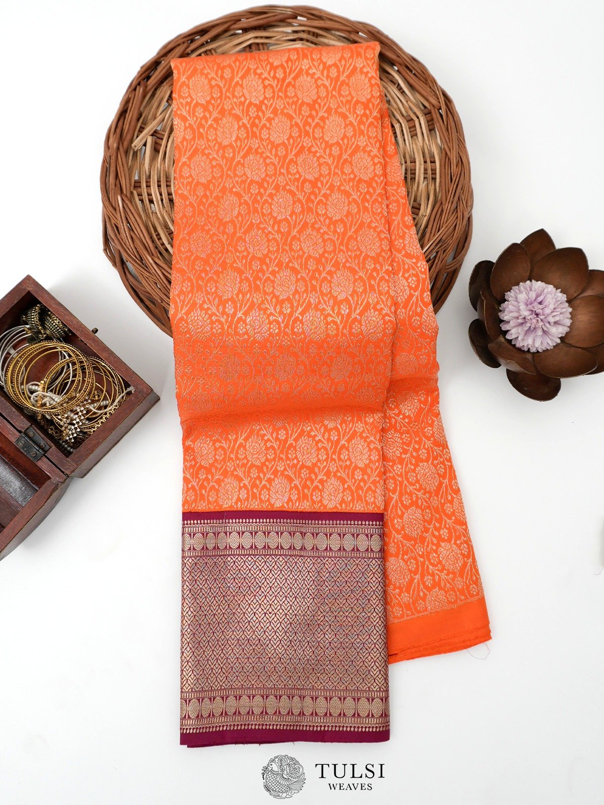 Reddish Orange Kanjeevaram Silk Pavadai with Burgundy Border