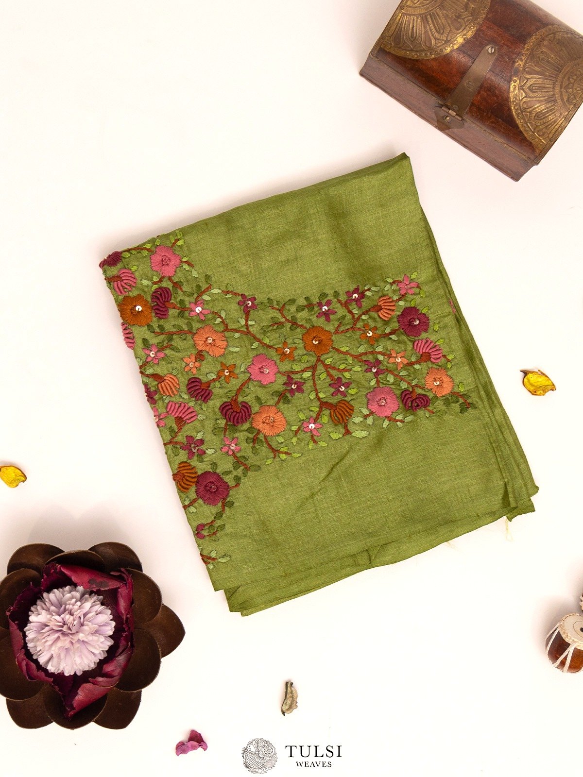 Leaf Green Tussar Blouse With Floral Embroidery