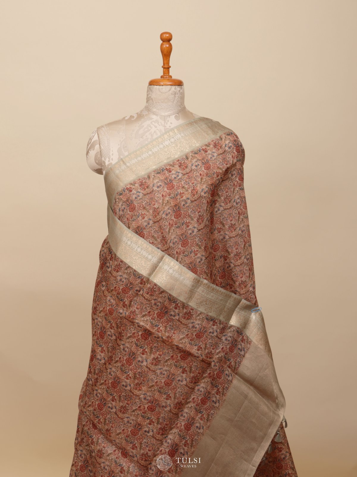 Peach Floral Printed Organza Silk Saree