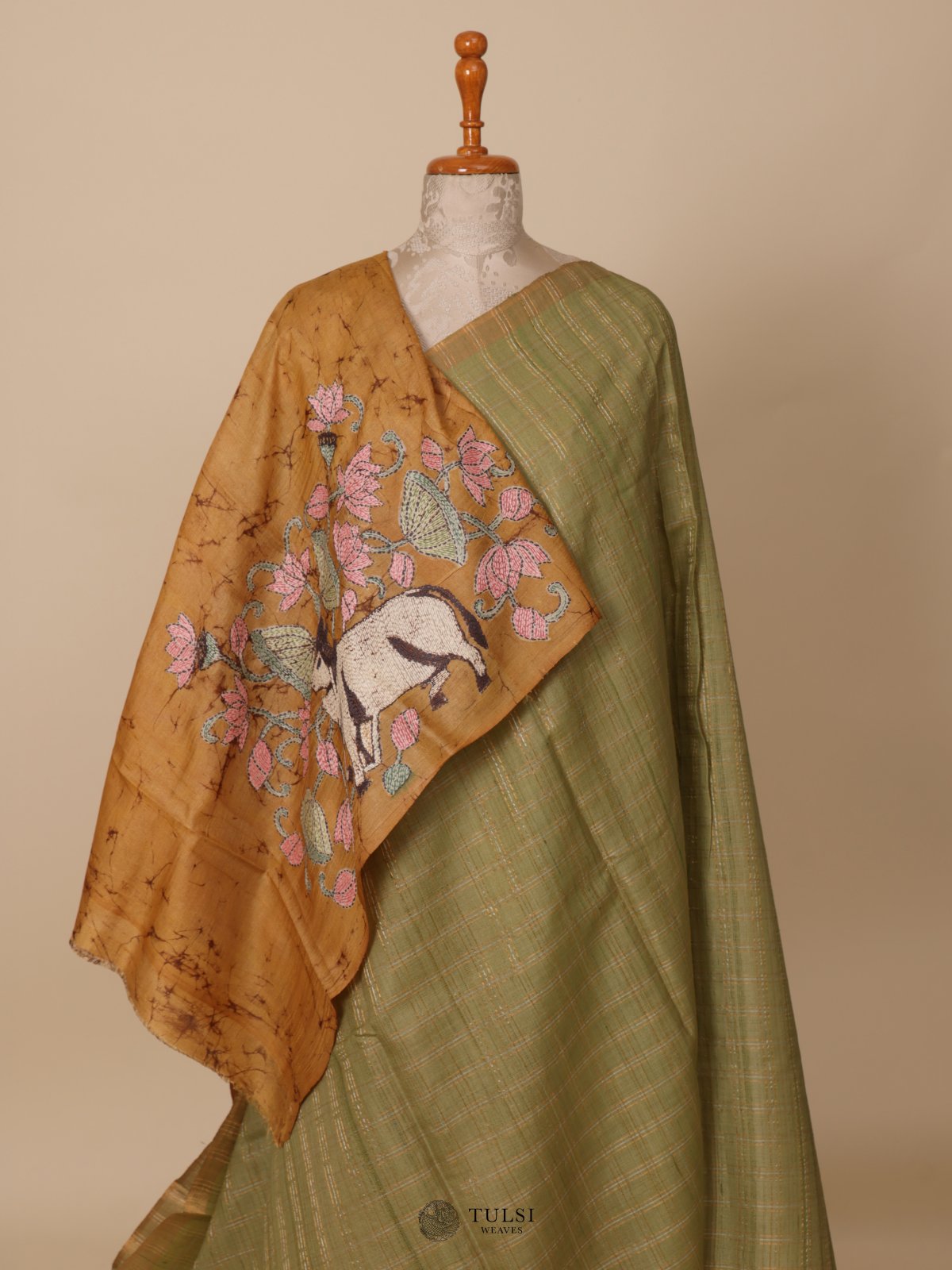 Green Tussar Silk Saree with Kantha Embroidery