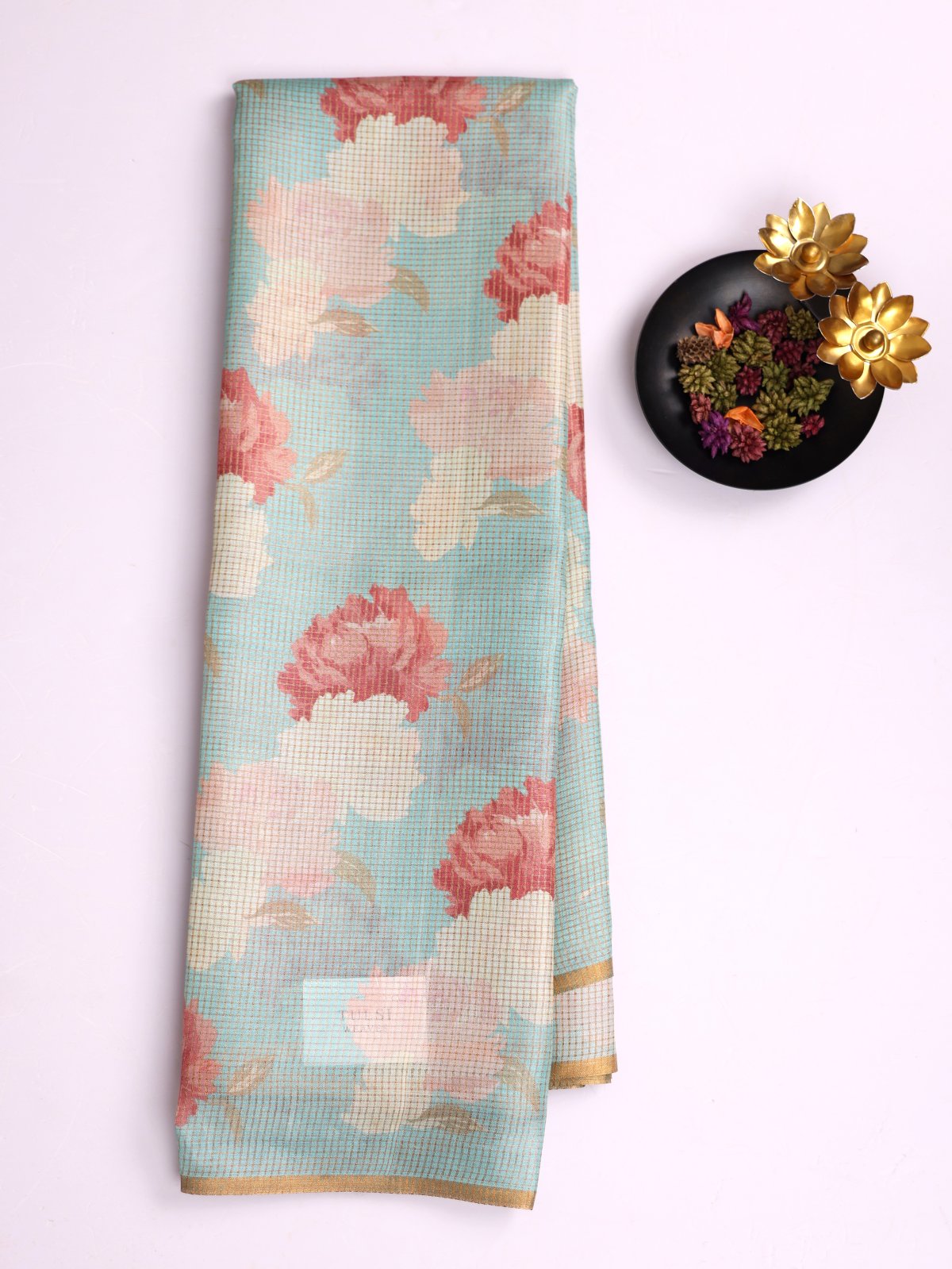 Baby Blue Zari Checked Printed Tussar Silk Saree