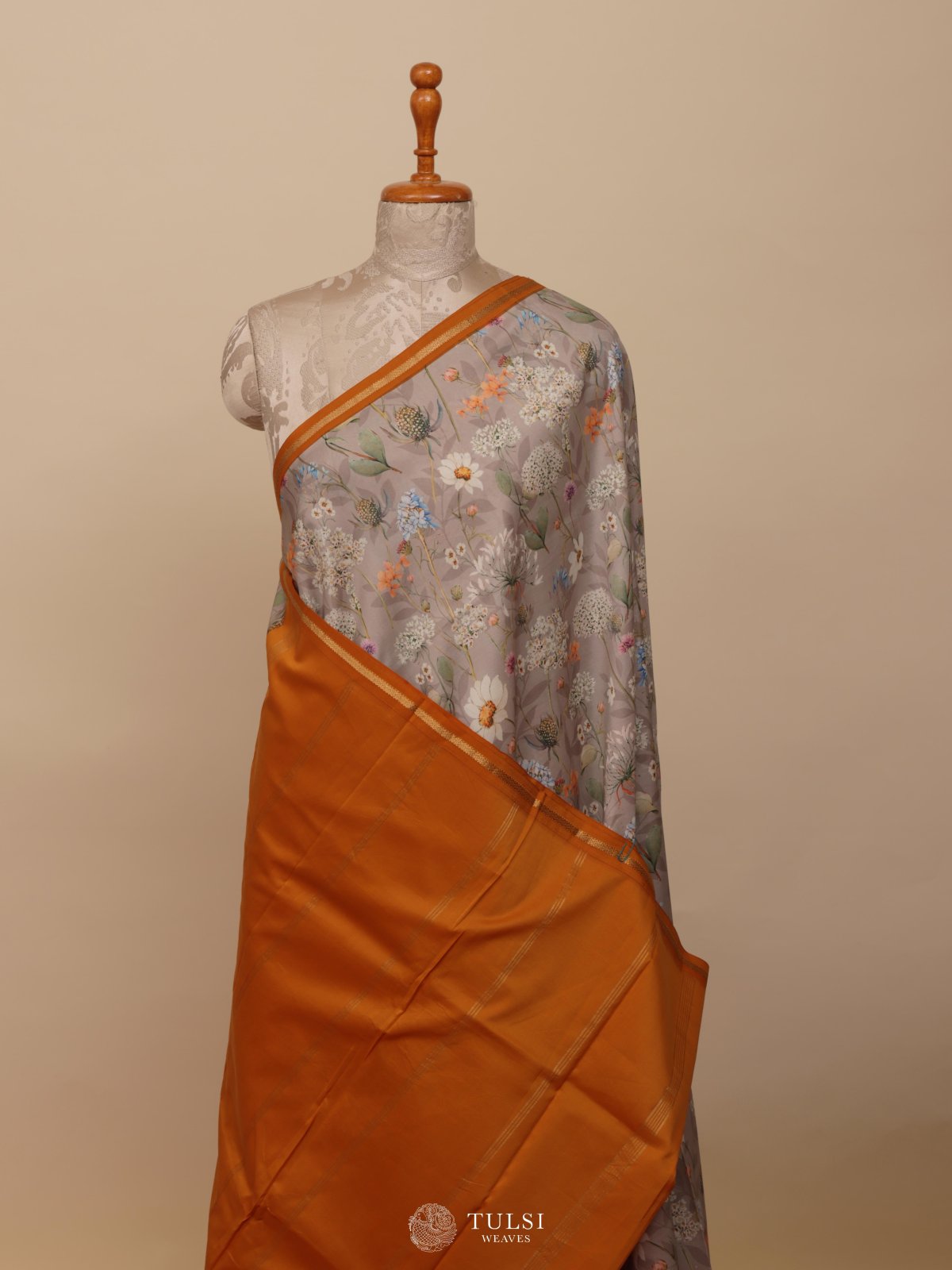 Grey Printed Kanjeevaram Silk Saree