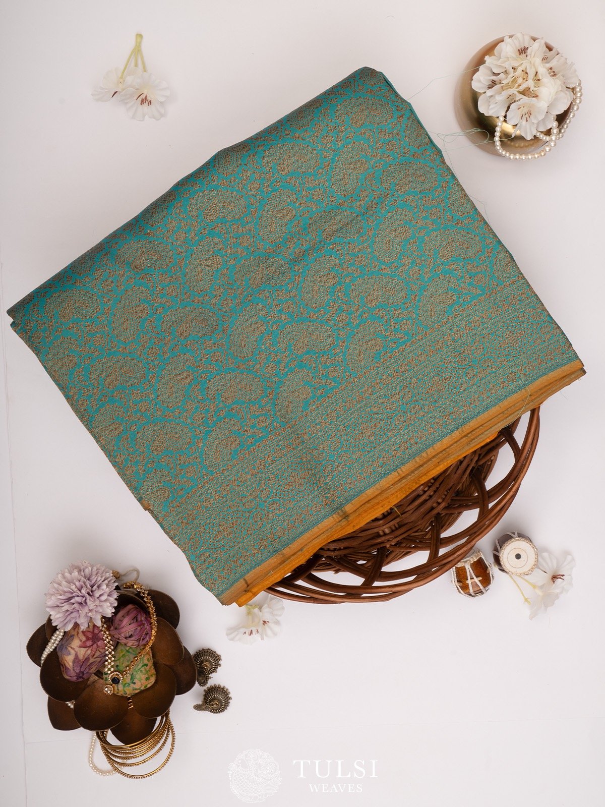 Teal Banarasi Silk Saree with Antique zari