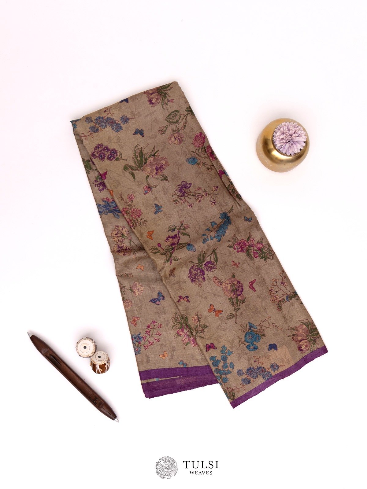 Brown Beige Printed Tussar Silk Saree