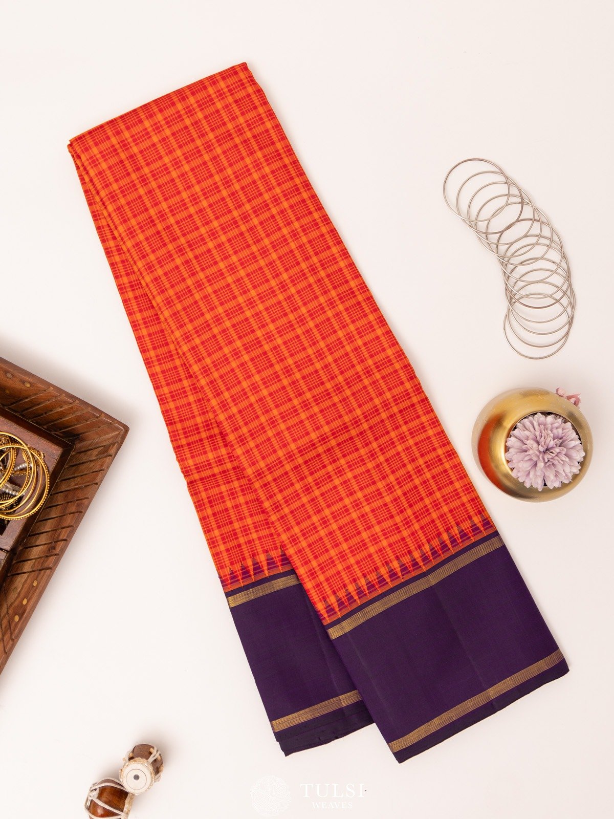 Checked Kanjeevaram Silk Saree with Voilet Bodi Border