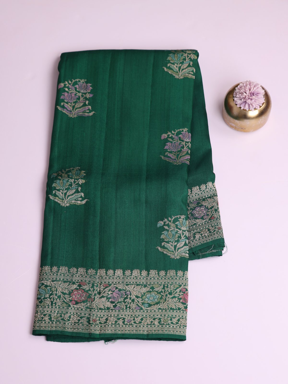 Bottle Green Banaras Tussar Georgette Silk Saree With Meenakari Border
