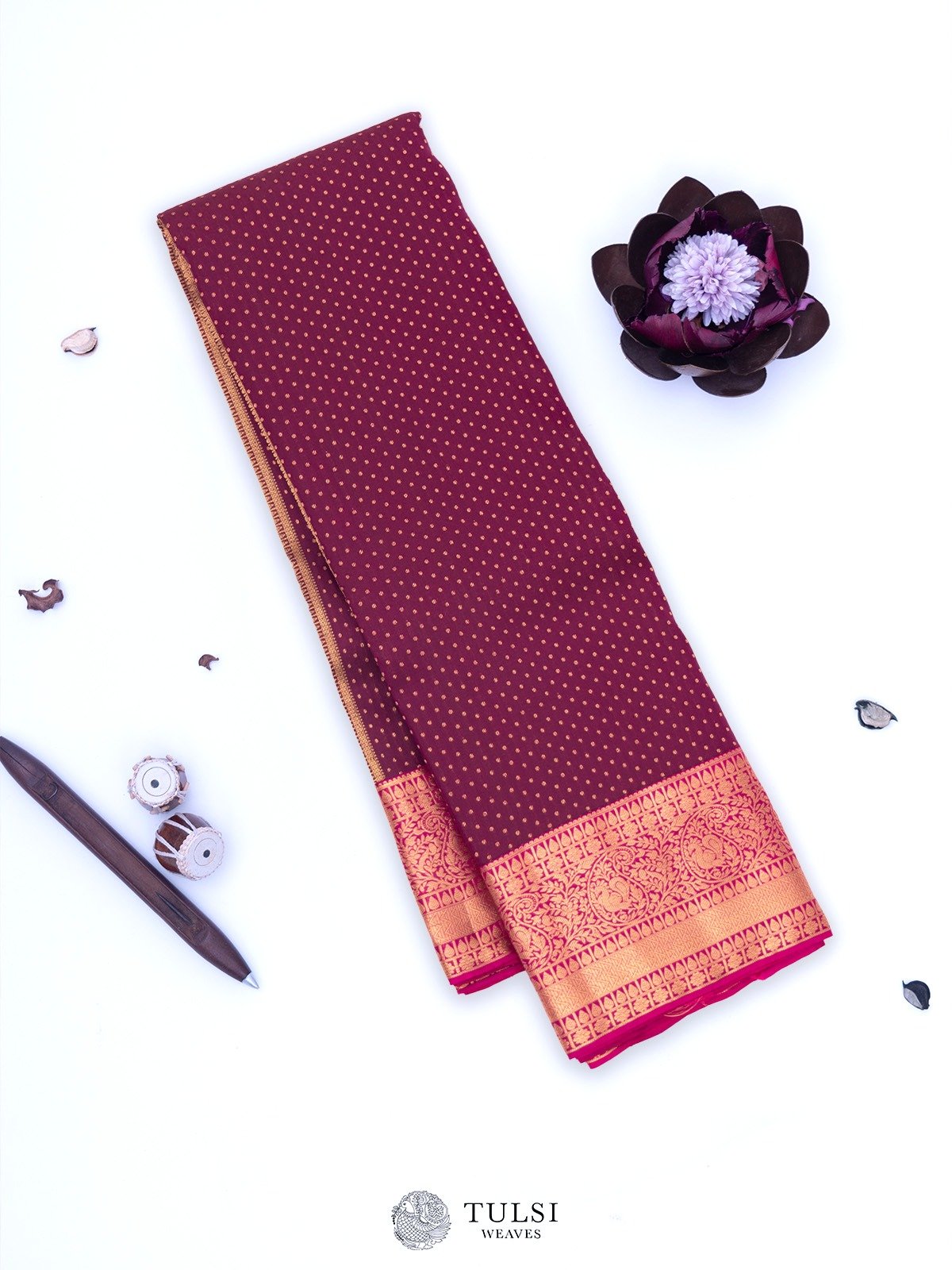  Dark Burgundy Kanjeevaram Silk Saree with Pink Korvai Border